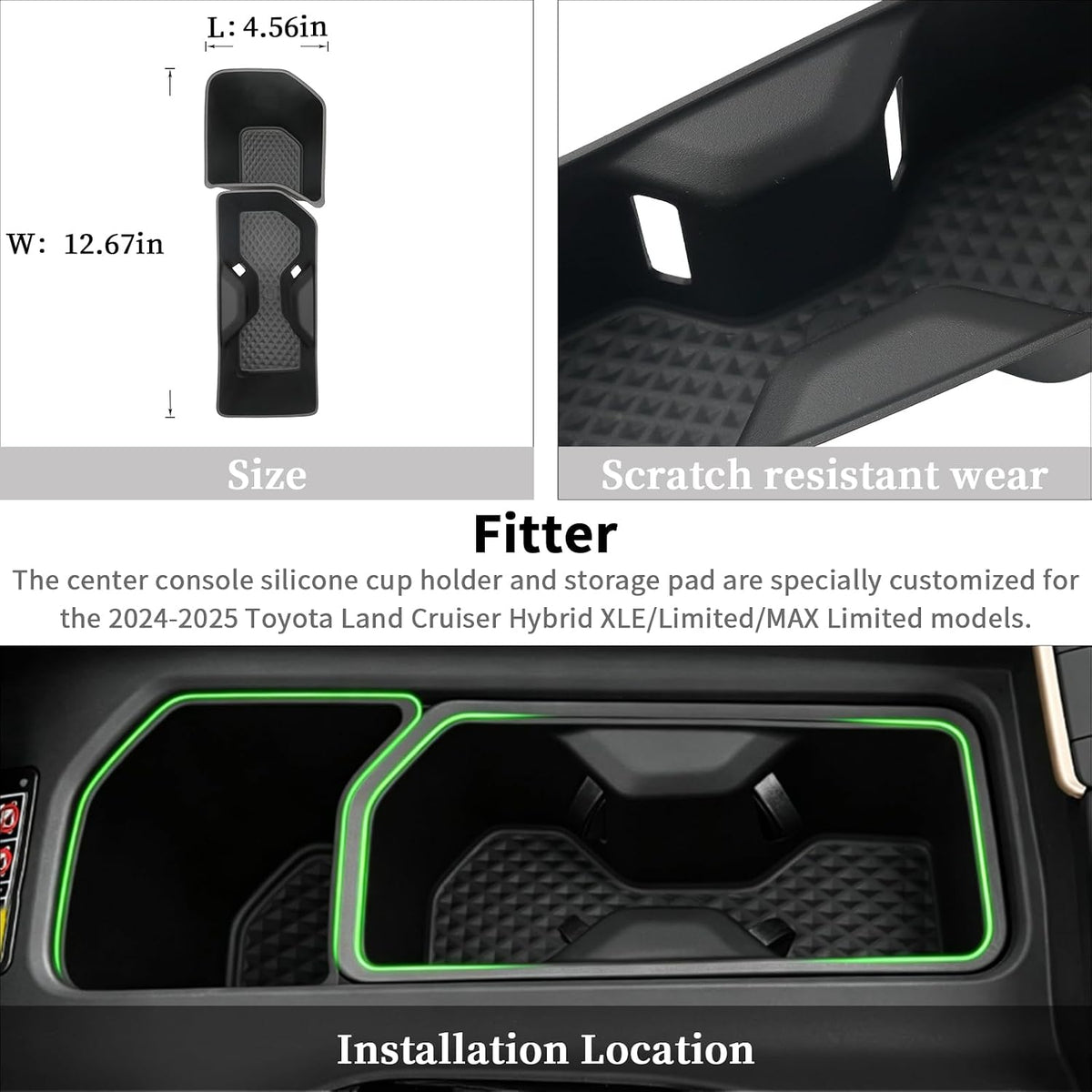 Center Console Organizer & Cup Holder Insert for 2026 2025 2024 Toyota Grand Highlander Accessories, Silicone Anti-Slip Protector Mat to Prevent Spills (Black)