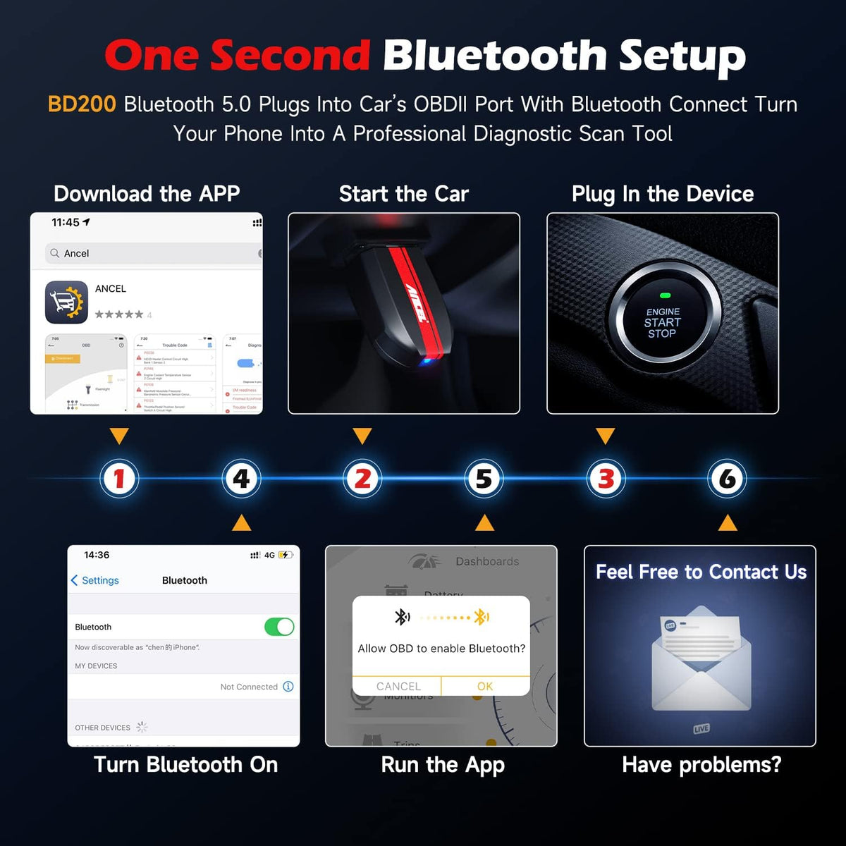 ANCEL BD200 OBD2 Scanner Bluetooth - Code Reader & Check Engine Diagnostic Scan Tools with Car Battery Test, Exclusive App on iOS & Android, Wireless OBDII Adapter Works for 1996 & Newer Vehicles