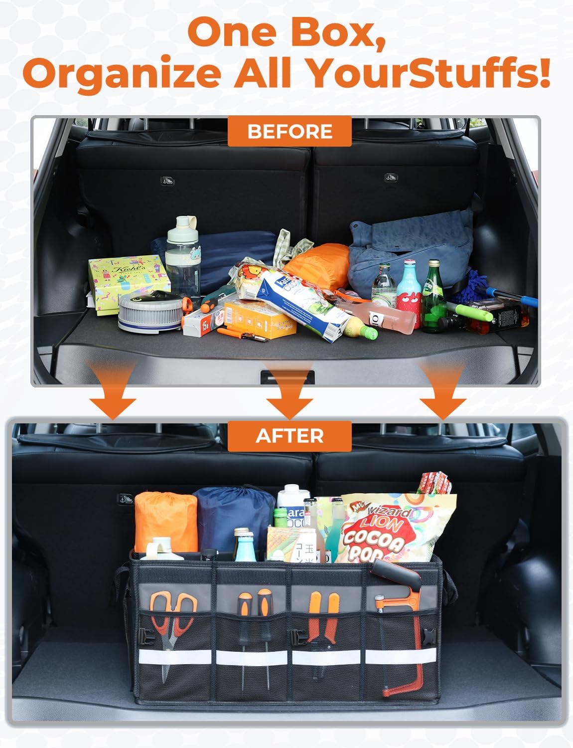 Oasser Car Trunk Organizer Collapsible Multi Compartments SUV Trunk Organizer with Reflective Strip Foldable Cover