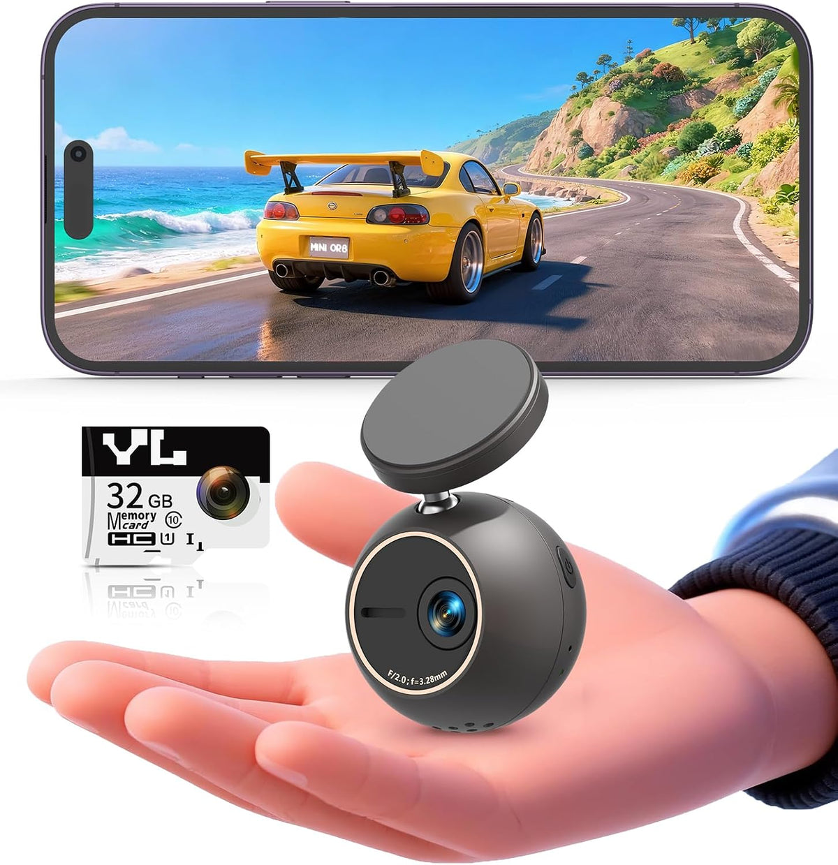 KAWA Dash Cam 2K, Mini Spherical with Voice Control & WiFi Car Camera