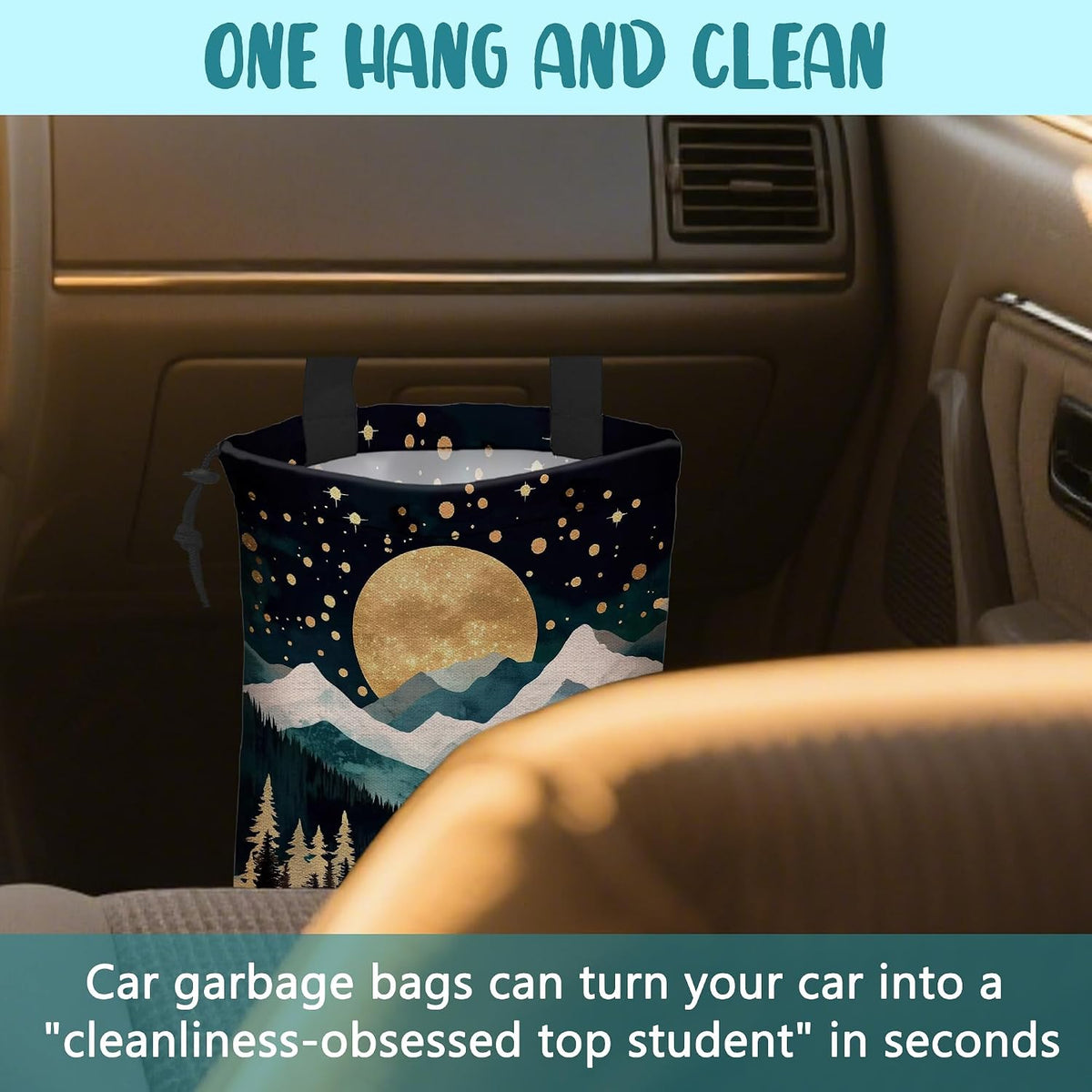 Car Trash Bag Golden Moon Snowy Mountains Hanging Drawstring Car Organizer and Storage Bag with Adjustable Buckle Canvas Garbage Bin for Back Seat or Hanging Headrest Car Decor