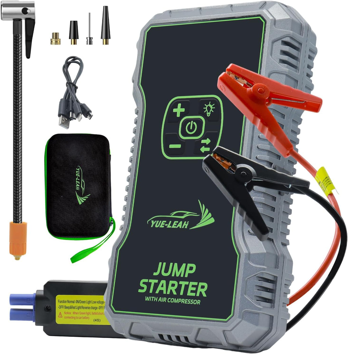 K10A 1000A Jump Starter, Portable Car Battery Jump Starter with Air Compressor, 12V Lithium Battery Booster Pack, Power Bank & Jumper Cables for 6.0L Gas & 3.0L Diesel Engines