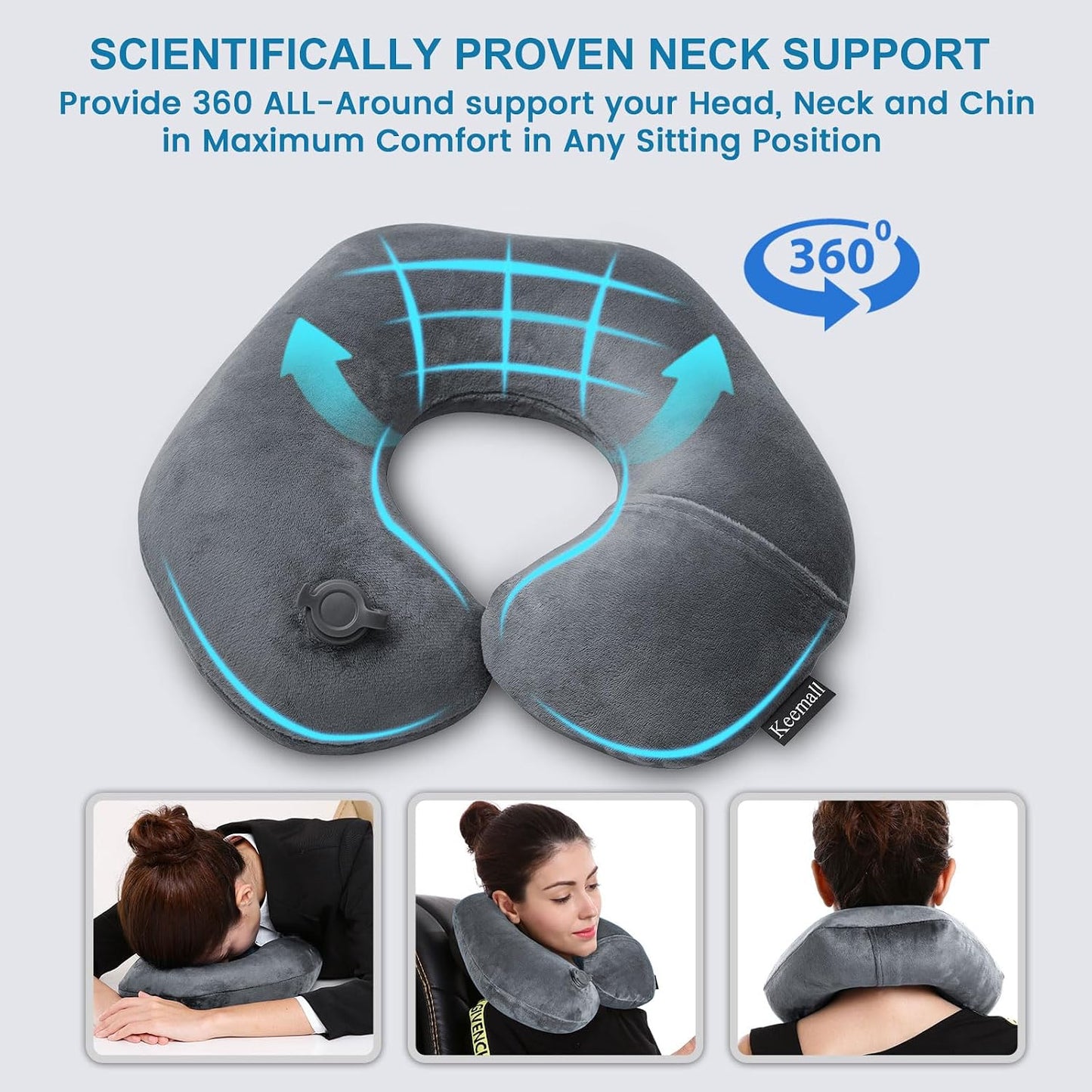 Keemall Inflatable Travel Neck Pillow, Super Soft Plane Neck Support Pillow for Travel Ariplane Sleep Support, Adjustable Neck Cushion Headrest Pillow, Folds Up Nicely, Black Grey