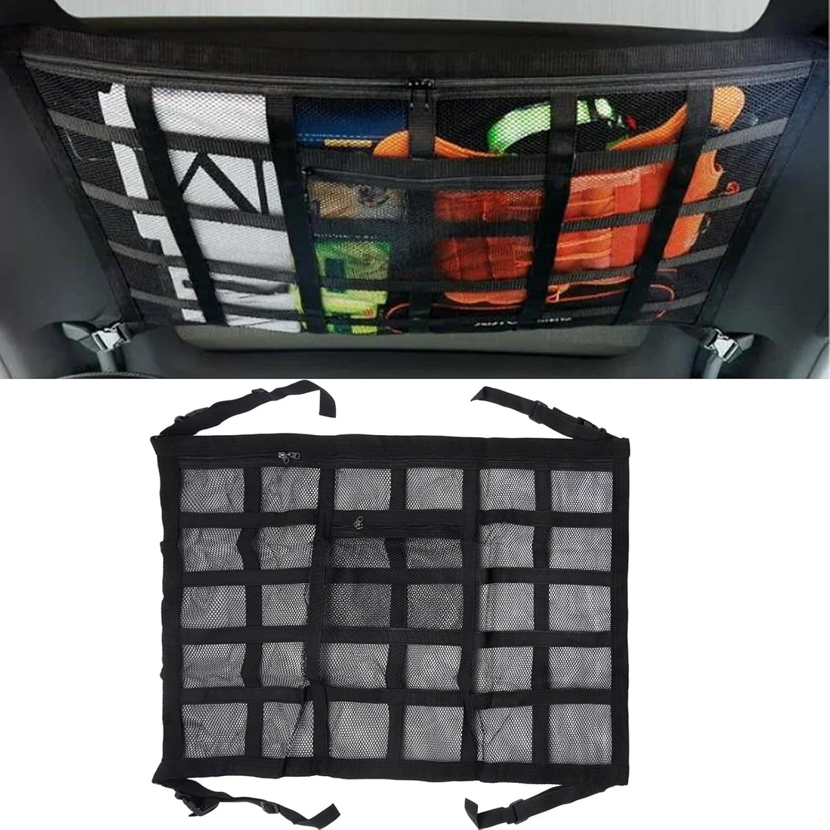 Car Ceiling Cargo Net, 30" x 21.2" Adjustable Double-Layer Mesh Roof Organizer, Versatile Storage Solution for Cars, SUVs and Trucks, Van Life Accessories for Travel and Camping