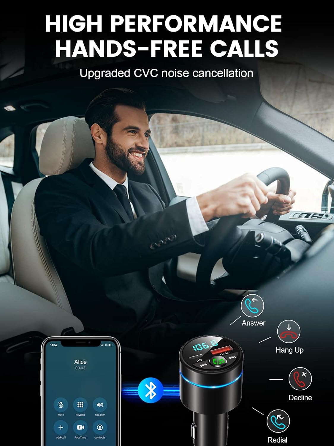RIWUSI FM Transmitter for Car Bluetooth 5.3, [All-Metal] PD 30W & QC3.0 18W Fast Car Charger, Wireless FM Radio Kit Bluetooth Car Adapter, Noise Cancelling Hands-Free Call, Blue Light - Black