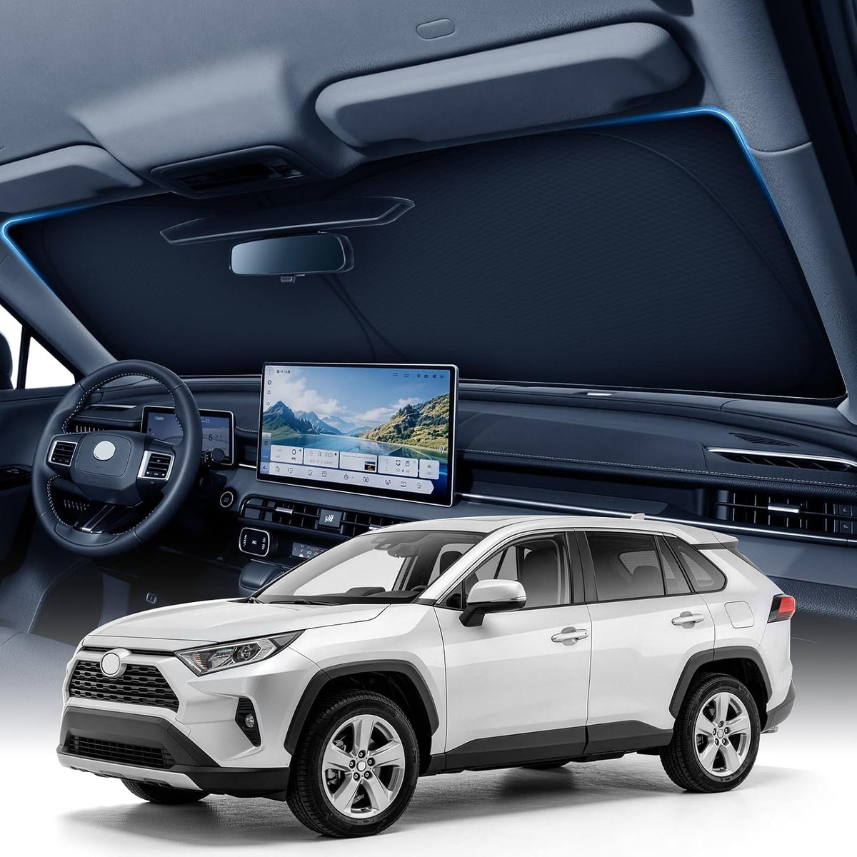 Large Windshield Sun Shade for Toyota RAV4 2019-2026, 7-Layer UV & 100% Sun Blockage, 3D Scanned Custom Fit, Keep Interior Cooler, Easy Storage & Foldable SUV Accessories, No Sagging