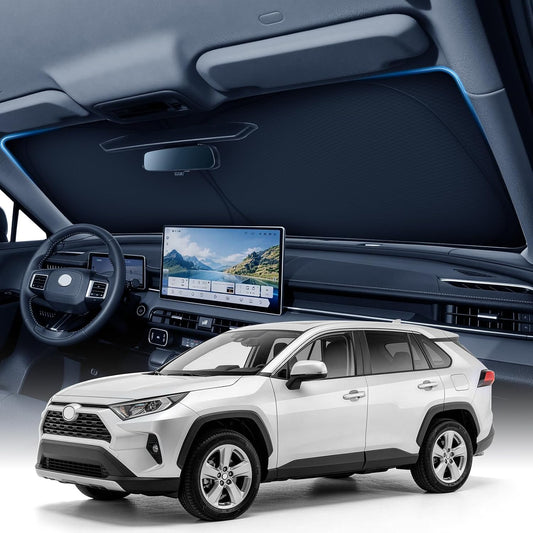 Large Windshield Sun Shade for Toyota RAV4 2019-2026, 7-Layer UV & 100% Sun Blockage, 3D Scanned Custom Fit, Keep Interior Cooler, Easy Storage & Foldable SUV Accessories, No Sagging