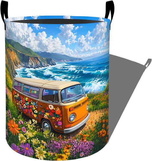 Vintage Camper Van Laundry Basket with Handles, 19.7"x15.7" Clothes Foldable Coastal Car Road Trip Laundry Hamper Organizer for Dorm Nursery Bathroom Decor, Floral Hippie Storage Bin Gifts for Women