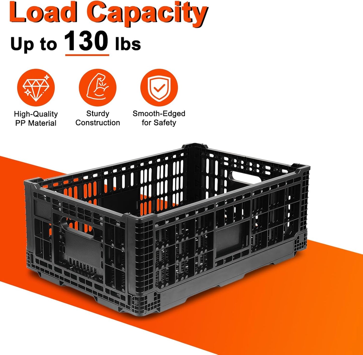 52L Milk Crate, Plastic Storage Crate with Handles, | Hold 130 lbs Per Bin, Large Collapsible Storage Bins for Home Organizing, Tools, Books, Camping & Transport