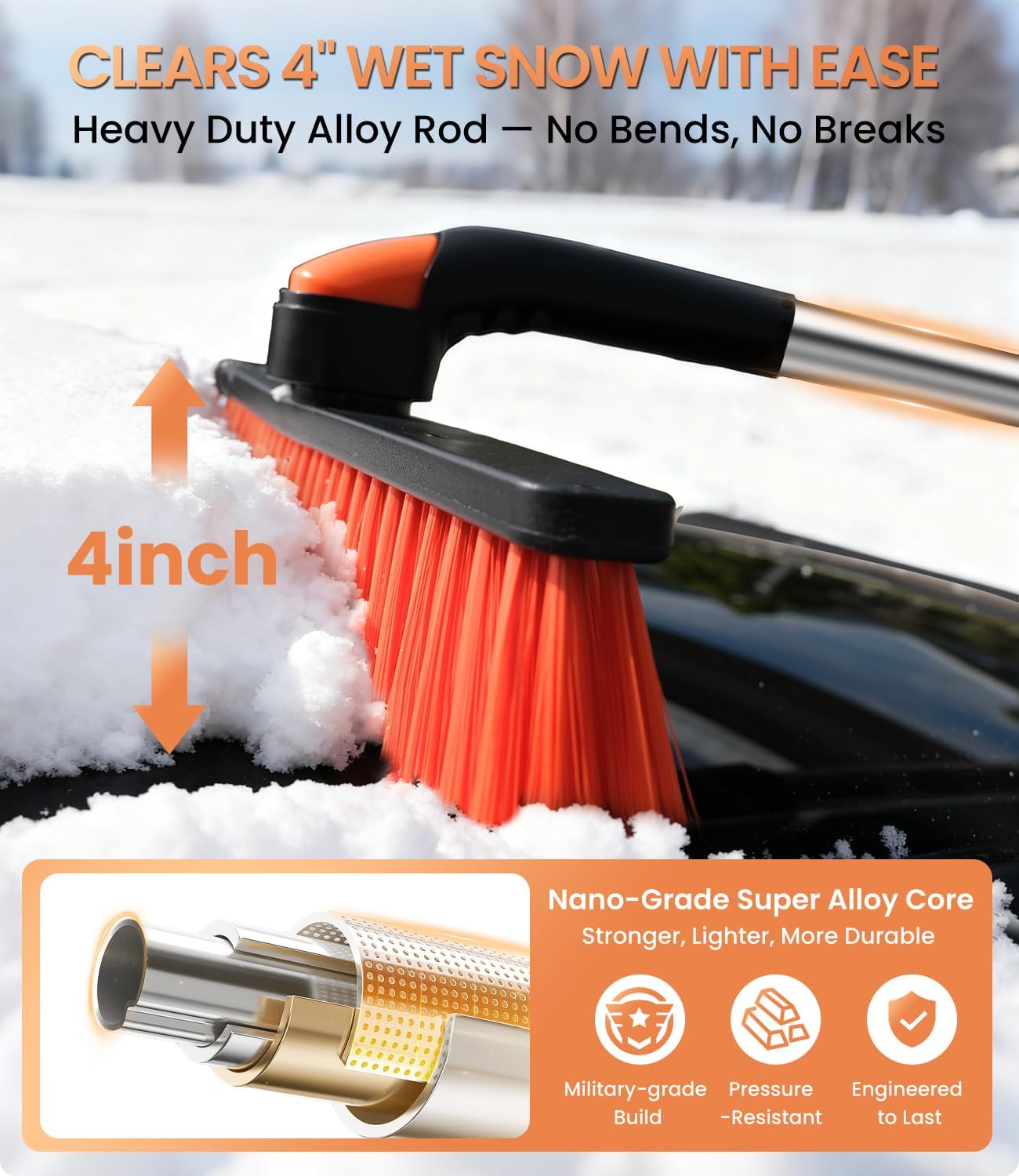 Zanch 2025 Upgrade Extendable 3-in-1 Car Snow Brush and Ice Scraper [45" Extendable Handle] with 360° Rotating Brush Head for Car Windshield Clear Snow, Ice and Frost, for All Cars/Truck/SUV