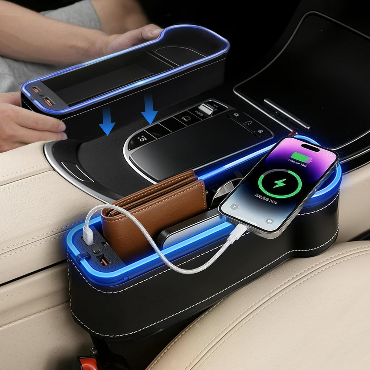 2 Pack Car Gap Filler Organizer with Charger Upgrade LED Seat Gap Organizer Box with Cup Holder Card Slot Larger Storage Space Reducing Item Loss