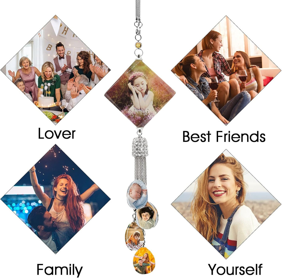 Personalized Photo Crystal Pendant for Car Home Hanging Ornaments Custom Picture Crystal Car Rearview Mirror Hanging Accessories Decor - Dimond