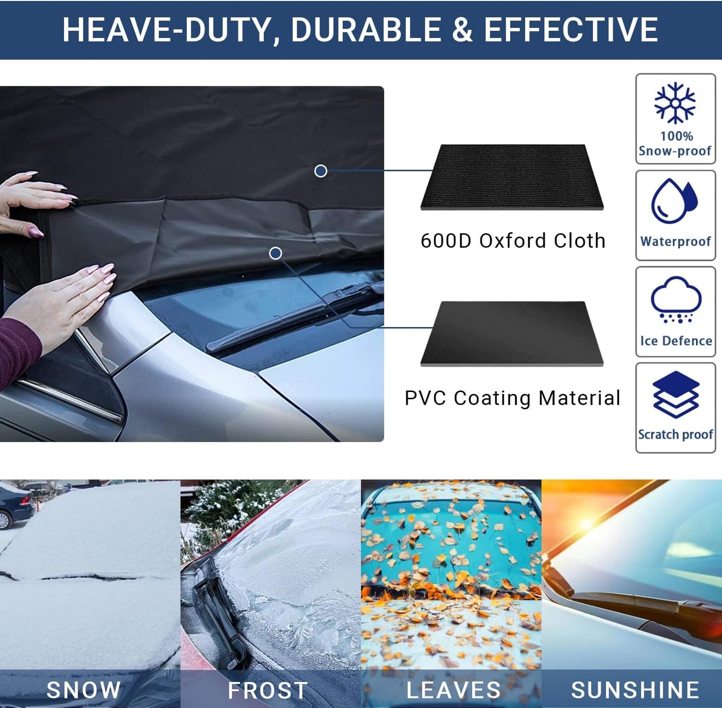 Windshield Cover for Ice and Snow, Car Windshield Snow Cover, Thicken Windshield Frost Cover Waterproof Windshield Snow Ice Cover with Side Mirrors Cover for Most SUVs Trucks (74"x 47")