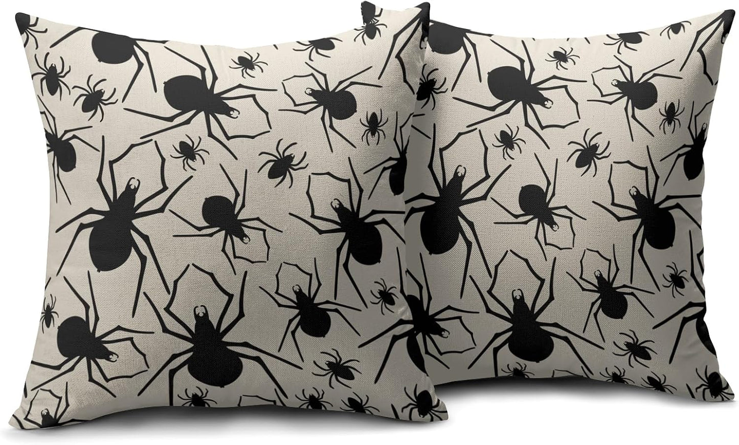 Robvobe Cream Halloween Pillow Covers 18x18 Set of 2 Black Spider Print Outdoor Decorative Throw Pillows Holiday Scary Themed Farmhouse Pillowcases Linen Cushion Case Decor for Home Sofa Couch Bed