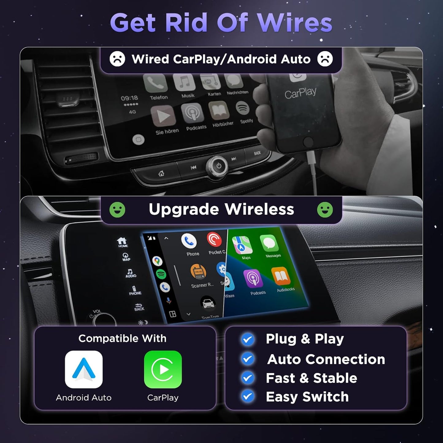 MSXTTLY 2in1 Wireless Carplay Adapter Android Auto Wireless Adapter, Mini USB Small Dongle Fast Auto Connect, Car Play Adapter for Apple iPhone iOS & Android 11+, OEM Wired Car Model 2017+(Black)