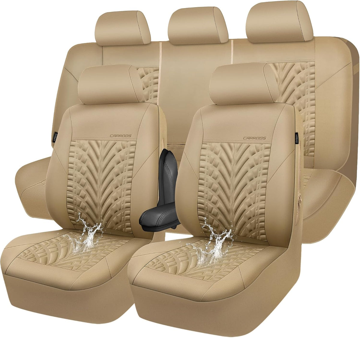 CAR PASS Neoprene Waterproof Seat Covers Full Sets, Wetsuit Car Seat Covers 5 Seats Universal Fit for Vans, Truck, SUV, 3D Tyre Embossed Seat Covers Anti Slip with Armrests, Aibag Compatible All Beige