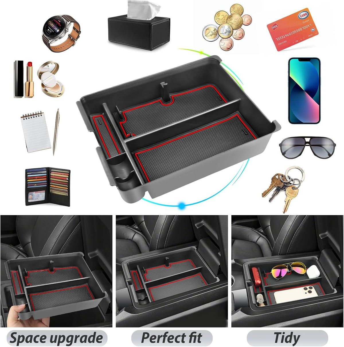 SKTU for 2025 2026 Honda Pilot Center Console Organizer 2023-2026 Pilot/ 2024-2026 Passport Armrest Tray 2025 2026 Passport Console Tray 2025 2026 Pilot Accessories with Sunglasses Holder (Red)