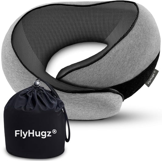FlyHugz® Neck Travel Pillow Memory Foam Neck Pillow for Comfort on Airplane Compact and Ergonomic Design for Travel, Car Rides, and Home Use Ideal for Adults and Kids.