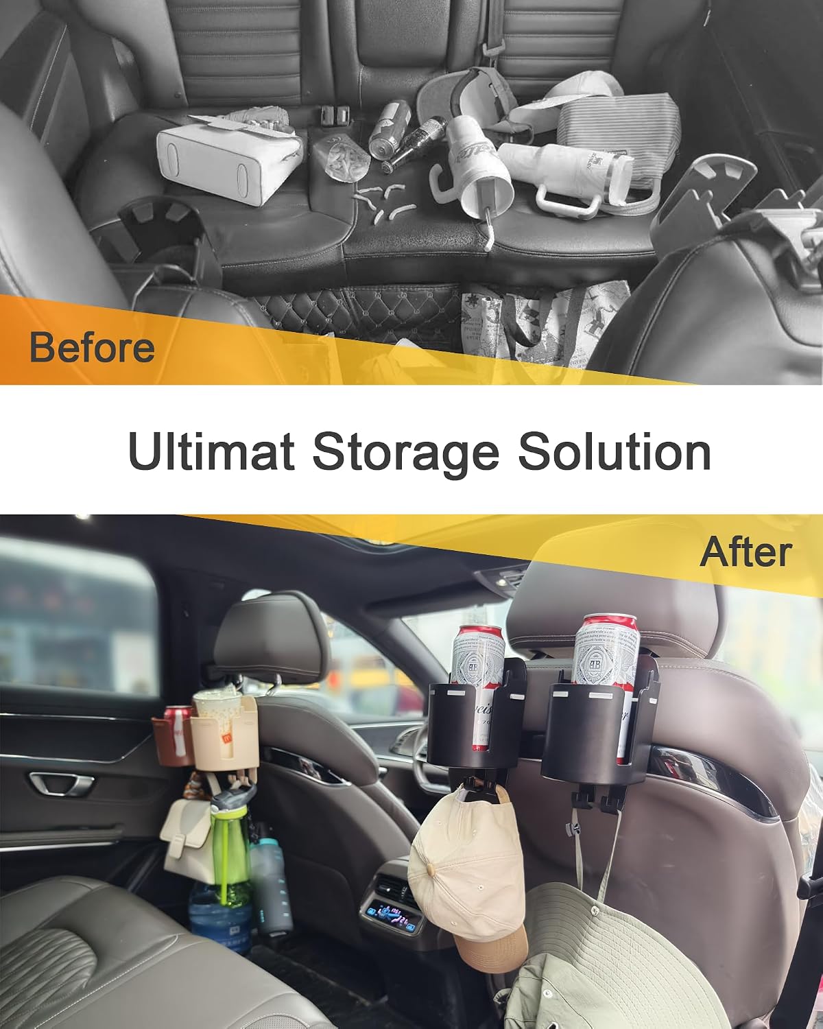 Headrest Cup Holder for Back Seat, Stable Spill-Resistant Drink Holder with Hooks for Bags, Fits 50oz Bottles, Compatible with Sedans, SUVs, and Trucks 2 Pack
