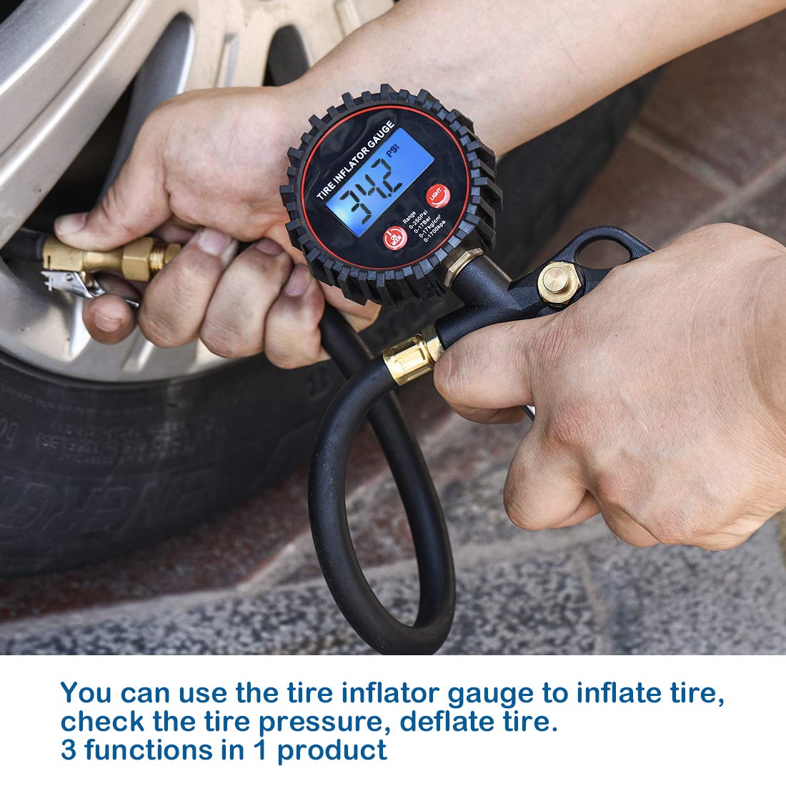 CZC AUTO Digital Tire Inflator Pressure Gauge, LED Display-250PSI, 4 Ranges