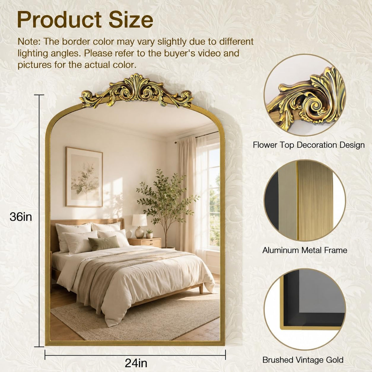 Arched Gold Bathroom Mirror, 24x36 Inch Vintage Vanity Wall Mirror