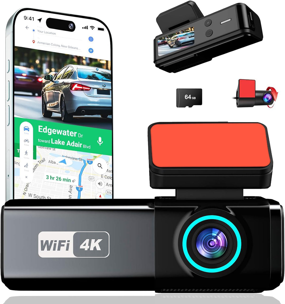 4K Dash Cam, Front and Rear Dual Dash Camera for Cars with 64GB Card, 5.8GHz WiFi, 360° Swivel Rear Camera, App Control, WDR, G-Sensor, Night Vision, Loop Recording, Parking Mode
