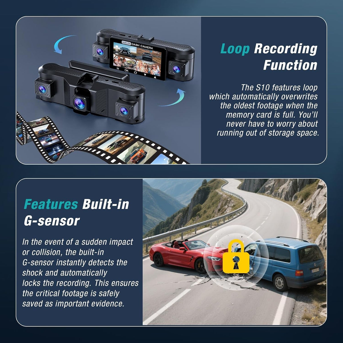 4 Channel 360° Dash Cam Front and Rear Inside with 5GHz WiFi 64GB Card