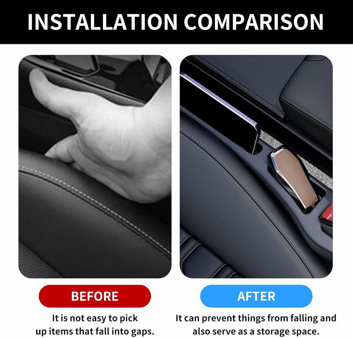 2PCS Car Seat Gap Filler Organizer,Multifunctional Car Gap Filler Organizer Storages Function,Universal Console Catcher Between Seats Cars Interior Accessories (Balck)