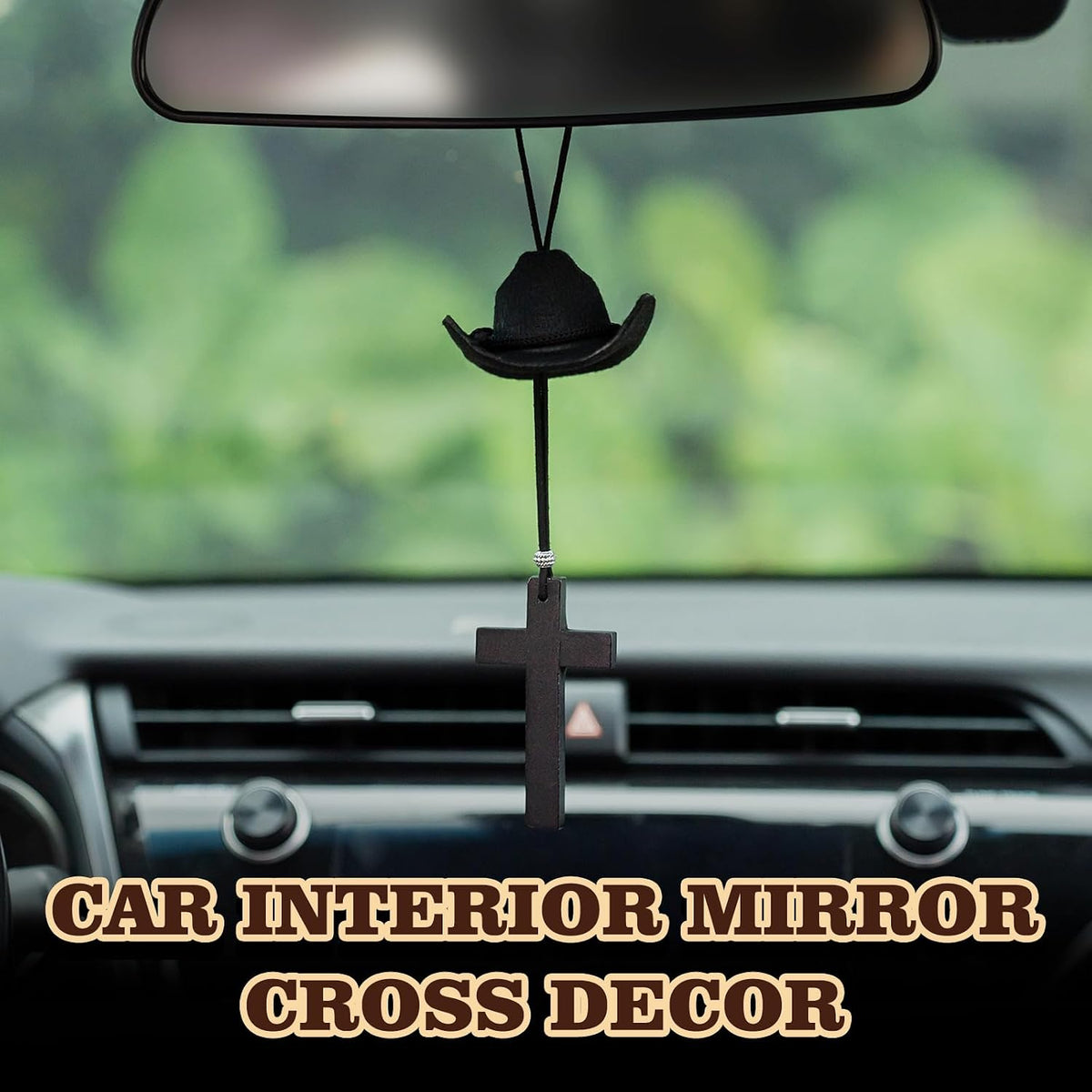 Rislobx Cowboy Hat Car Charm, Cowboy Hat for Car Mirror Hanging with Cross, Country Car Hanging Pendant, Cute Rear View Mirror Hanger Decor for Women, Universal Auto Interior Accessories (Black)
