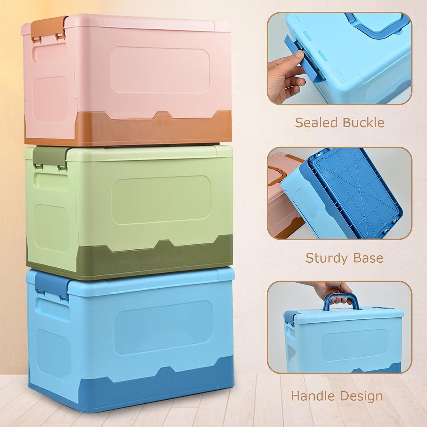 Foldable Storage Box with Lid, Portable Plastic Tool Box, Stackable Storage Container for Shelf Organization, Cute Multi-Purpose Storage Bin for Everyday Items (Blue)