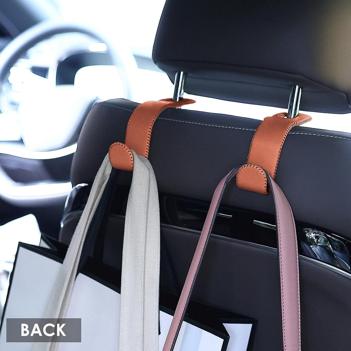 AMVOYOA Leather Hooks for Headrest - Fully Leather-Wrapped U-Shaped Purse Holder for Car, Flexible Seat Back Organizer & Durable Car Accessories for Purses, Bags, Coats & More (Brown, 2 Pack)