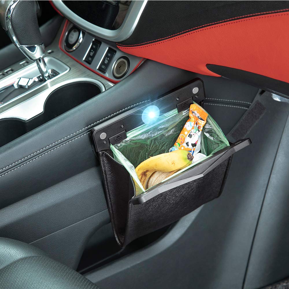 Smart LED Car Trash Can Waterproof Garbage Bag Passenger Side Artificial Leather Storage Pocket Leak Proof Reusable Traveling Portable Offices Toilet Garbage Cans Back Seat Hanging (Black-1pack)