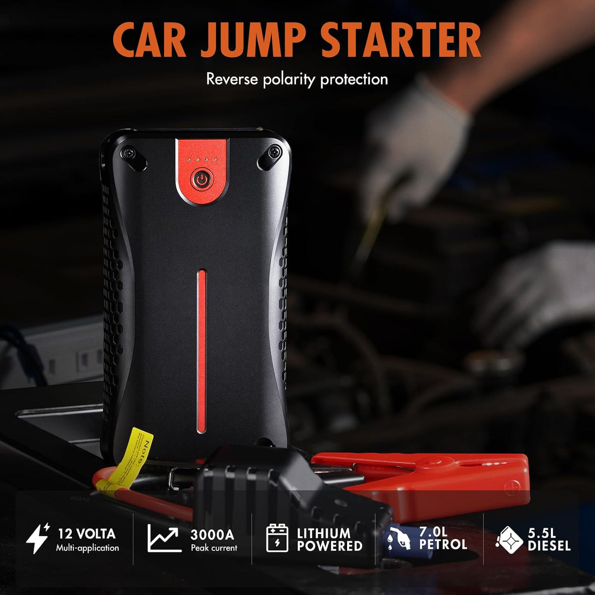 Car Battery Jump Starter, 3000A 12V Jump Starter with USB Quick Charge (UP to 7.0L Gasoline and 5.5L Diesel Engine), Portable Jump Box with 3 Modes Flashlight and Jumper Cable