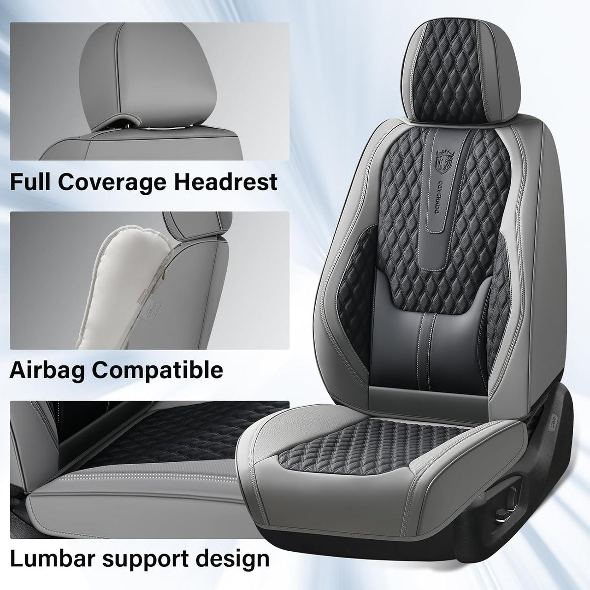Coverado Car Seat Covers Full Set, Nappa Leather Seat Covers, Waterproof Car Seat Protector with Lumbar Support, Automotive Seat Covers Universal Fit for Most Cars SUV Trucks (Black-Gray)
