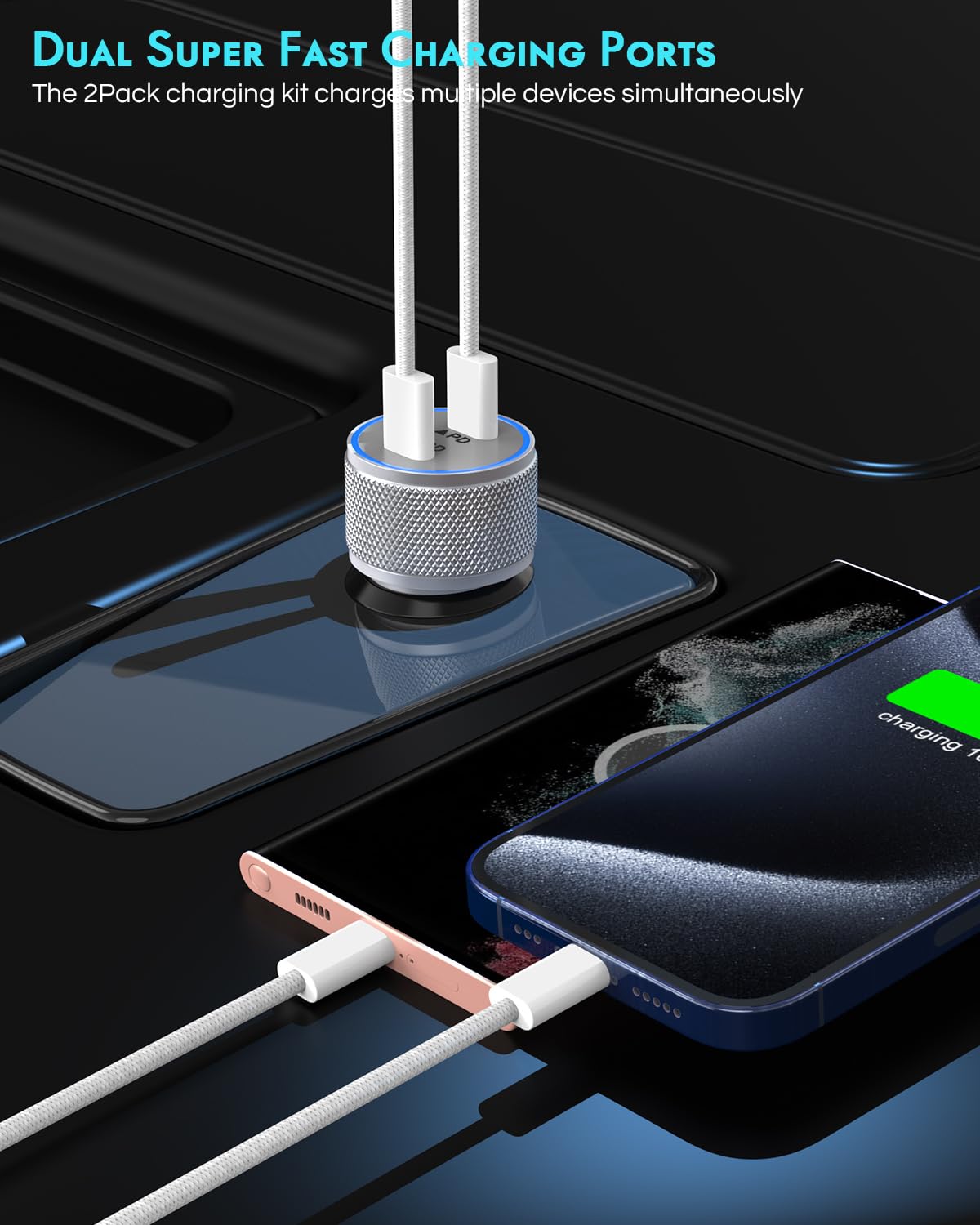 iPhone 17 Car Charger,2Pack Dual Port USB C Fast Car Charger Type C Rapid Charging Adapter with 2Pack USB C to C Nylon Braid Cable Woven Cord Fast Charging for iPhone 17/17 Pro/16/16 Pro Max/iPad