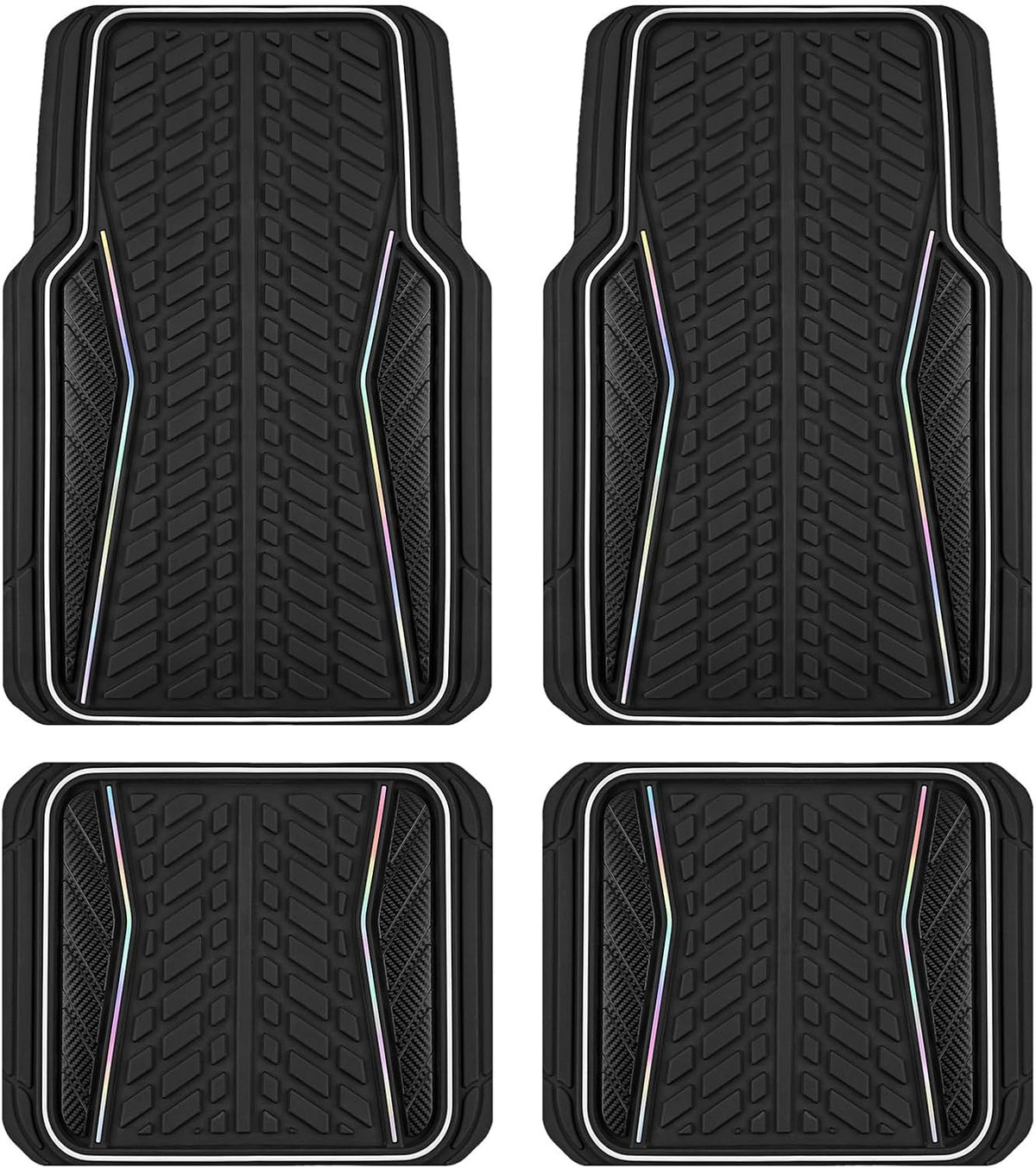 PIC AUTO Car Floor Mats, Black Aluminum-Molded with Full-Circle Iridescent Inlay Strip Car Mats, Universal-Fit Rubber Mats for Cars, Trucks & SUVs, All-Weather, Non-Slip, Easy-to-Clean Interior Mats