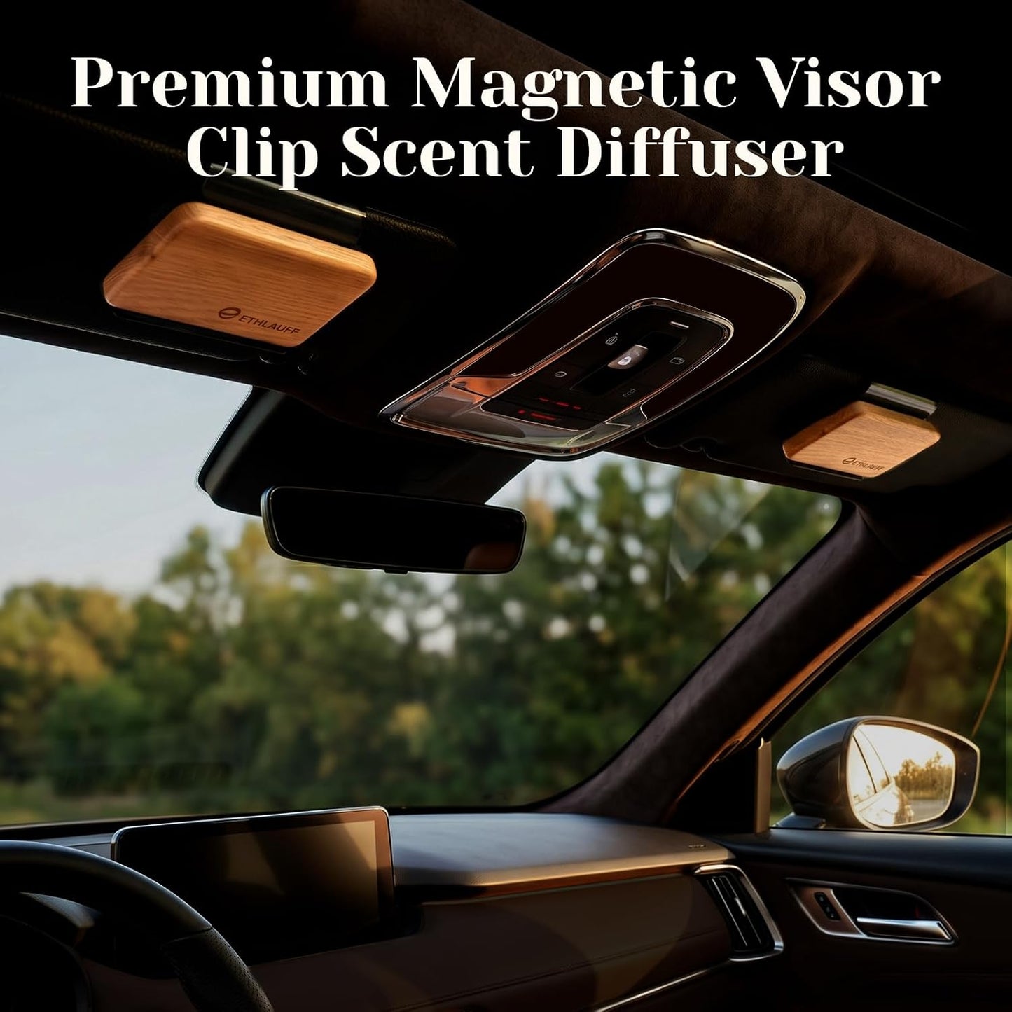 Car Air Freshener - Wood Air Freshener-Amber Blossom, Golden Coast,Sea Salt & Sage, Variety Scent Refill - Long Lasting Natural Car Fresheners - 1 Metal Clip & 3 Refill Oil Included