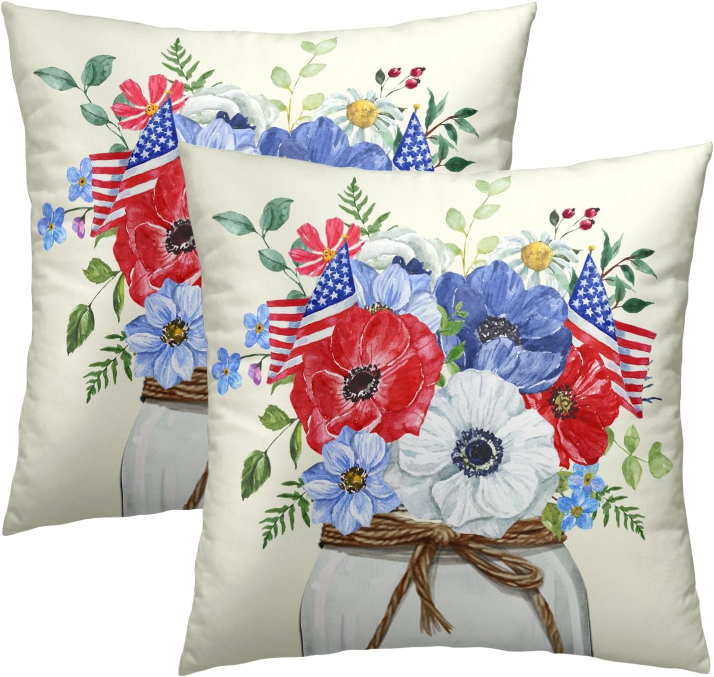 4th of July Pillow Covers 18X18 in Set of 2 American Flag Flowers Floral Patriotic Decorative Cotton Line Pillowcases for Sofa Couch Independence Day Memorial Day Home Decor