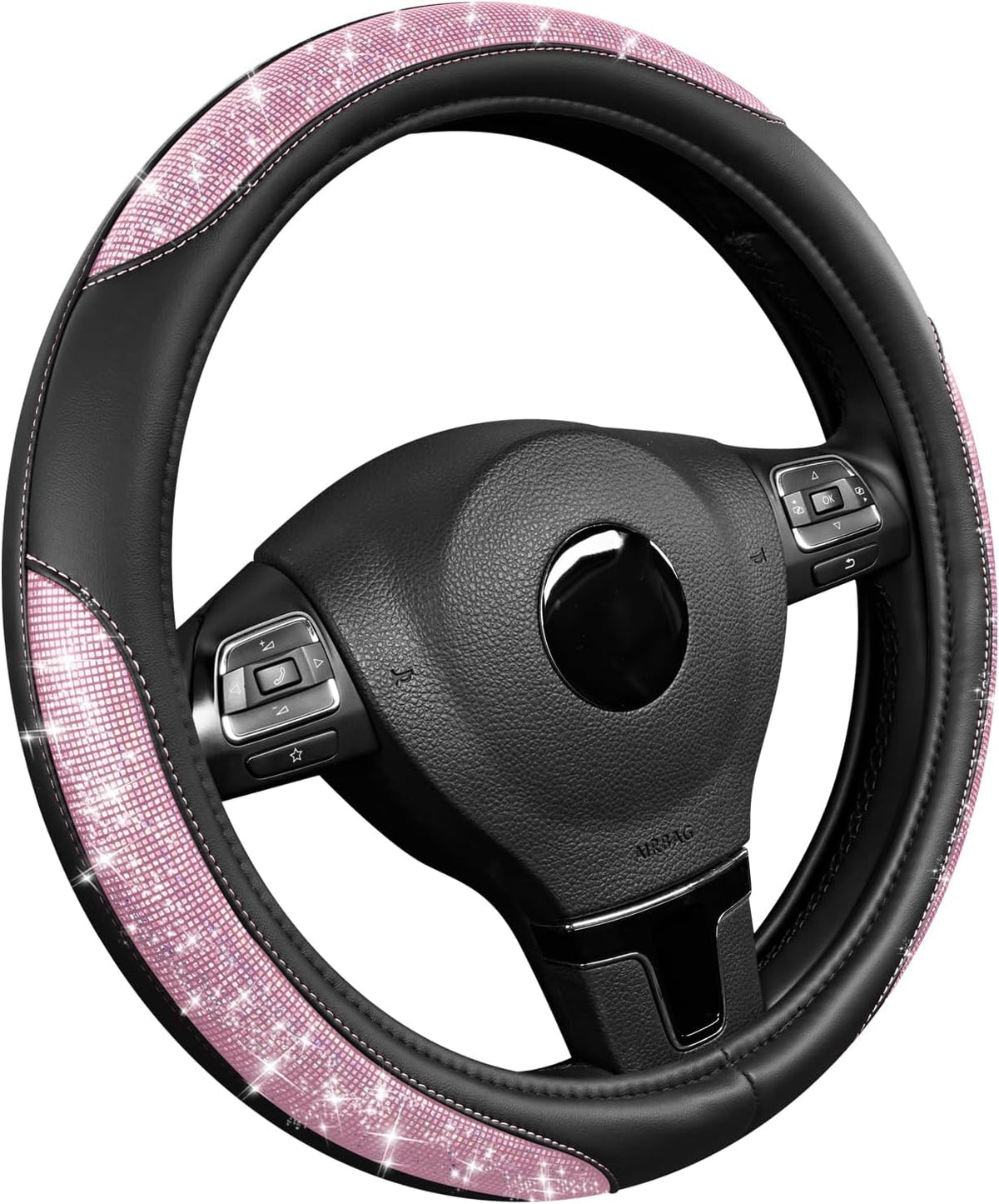Road Comforts Pixel Glitter Steering Wheel Cover, 14.5–15 Inch Leather Steering Wheels Snug Fit, Anti-Slip Leather Grip, Elegant Sparkle Design, Universal Fit - Black