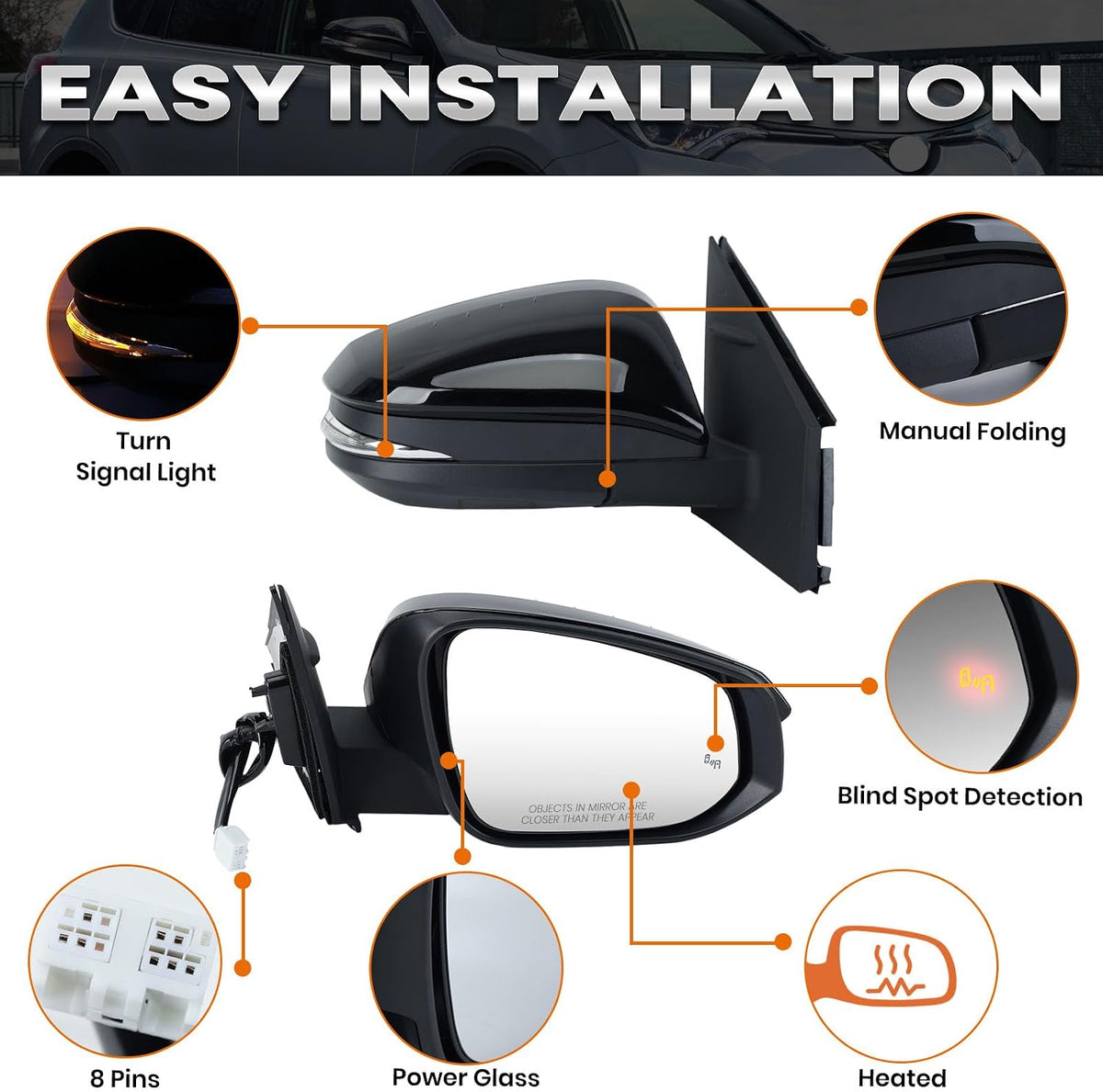 Right Passenger Side Mirror Compatible with Toyota RAV4 2013-2018 Heated with Blind Spot Detection with Turn Signal Light Power Glass Manual Folding 8 Pins Black