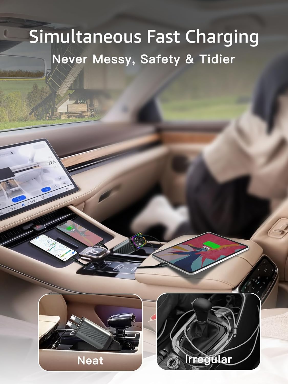 Retractable Car Charger USB C, 145W Max, Dual Cables, Voltage Display & LED