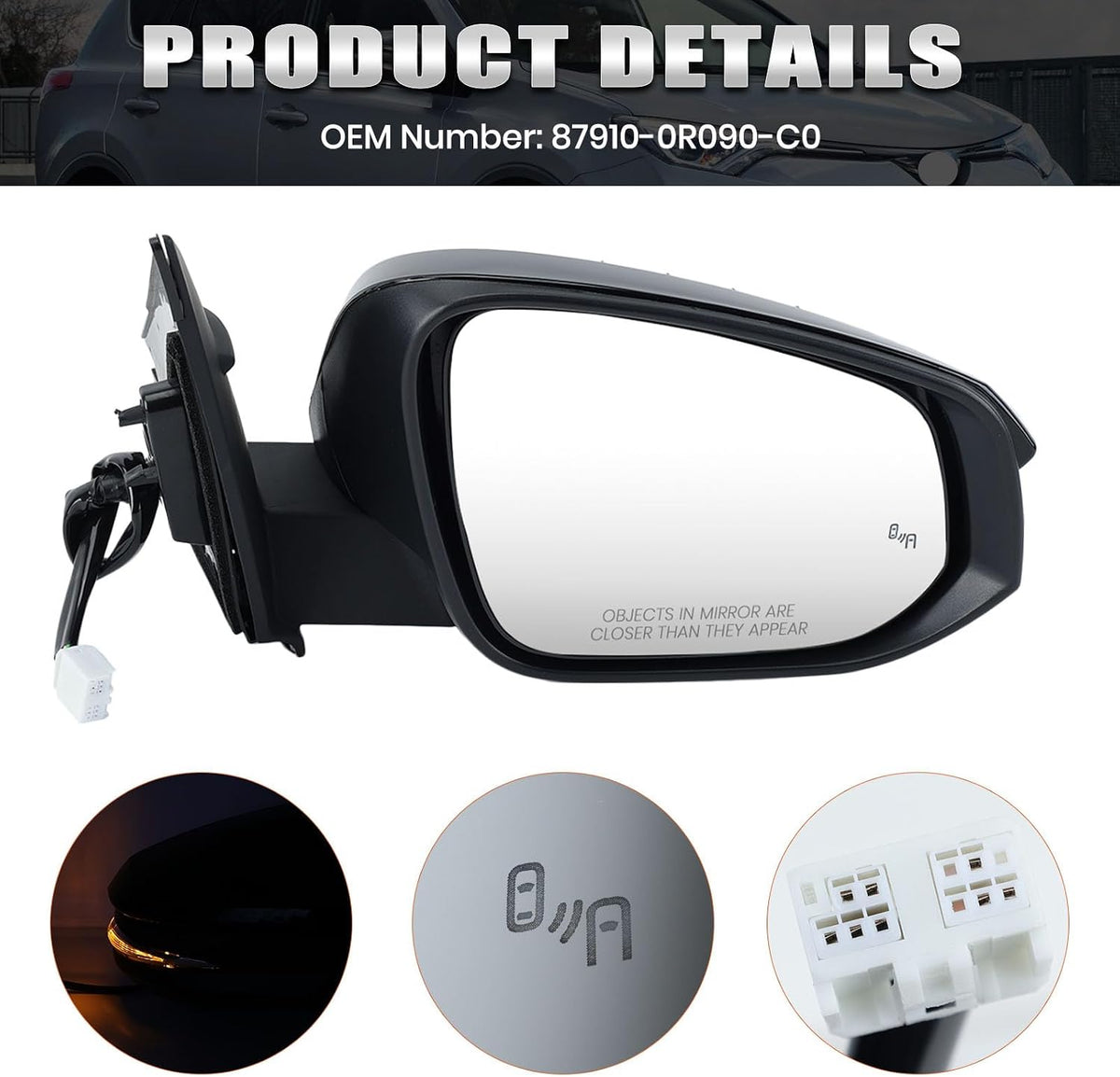 Right Passenger Side Mirror Compatible with Toyota RAV4 2013-2018 Heated with Blind Spot Detection with Turn Signal Light Power Glass Manual Folding 8 Pins Black