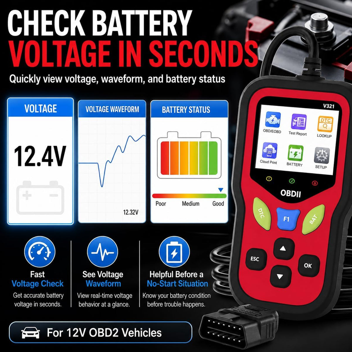 V321 OBD2 Scanner Diagnostic Tool - Erase Engine Light Code Scanner Tool with Reset, 30000+ DTC, Data Printed, Data Stream, I/M Readiness, Car & Truck Scan Tool for All Vehicles Since 1996