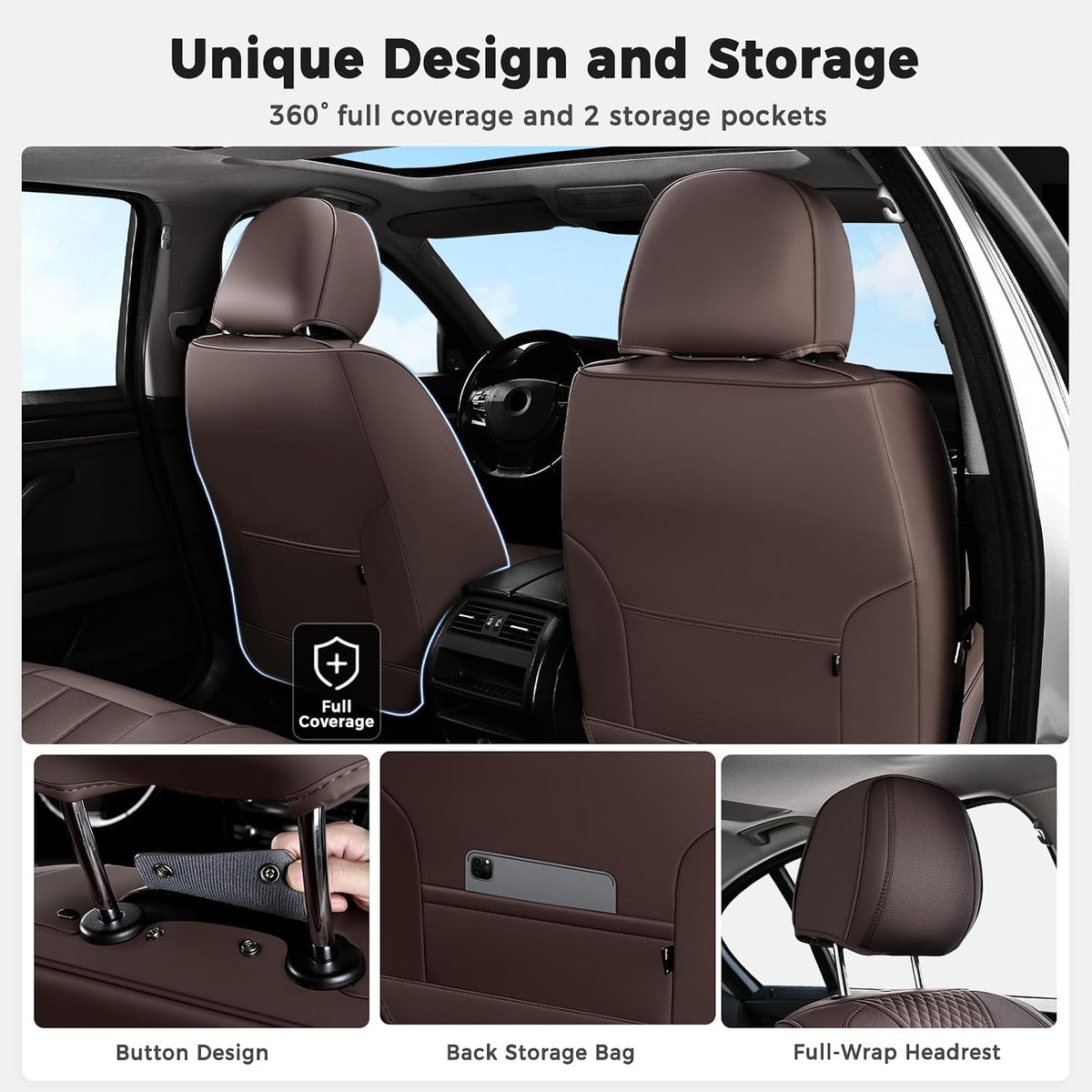 Huidasource Leather Car Seat Covers Full Set 5 Seats, Waterproof Faux Leather Front & Rear Seat Cover with Headrest, Non-Slip Automotive Seat Covers Fit for Most Cars Trucks SUV, Coffee