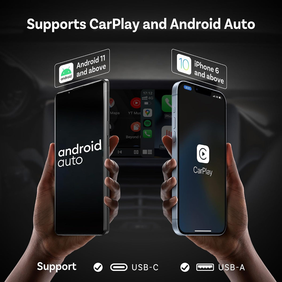 OTTOCAST Mini 2025 Wireless CarPlay & Android Auto 2-in-1 Adapter, Fast Stable Connection, Plug & Play for iPhone & Android Devices (Black)