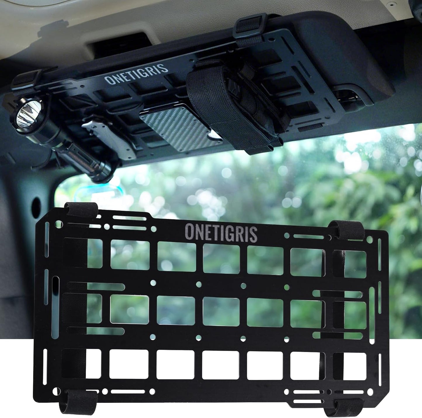 ONETIGRIS Rigid Car Sun Visor Organizer, Fiberglass MOLLE Visor Panel (2 Pack) – Tactical Overhead EDC Storage for Truck, SUV, Jeep & Emergency Gear