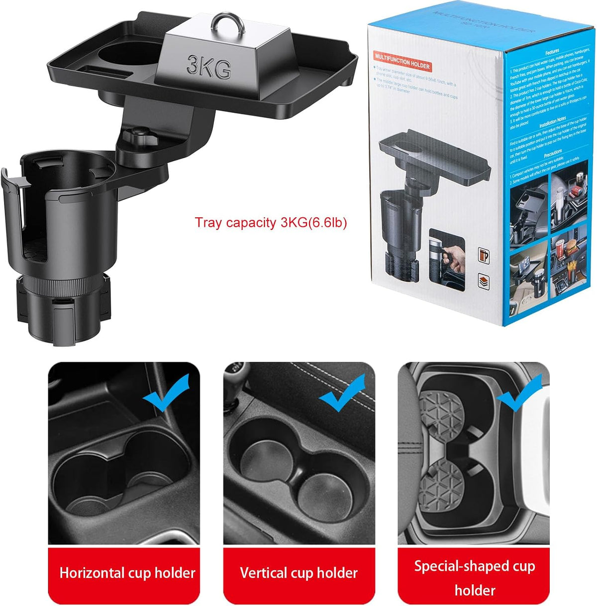 Cup Holder Tray, Detachable 360° Rotatable w/Phone Mount, Fits 2.6‑3.9 Inch