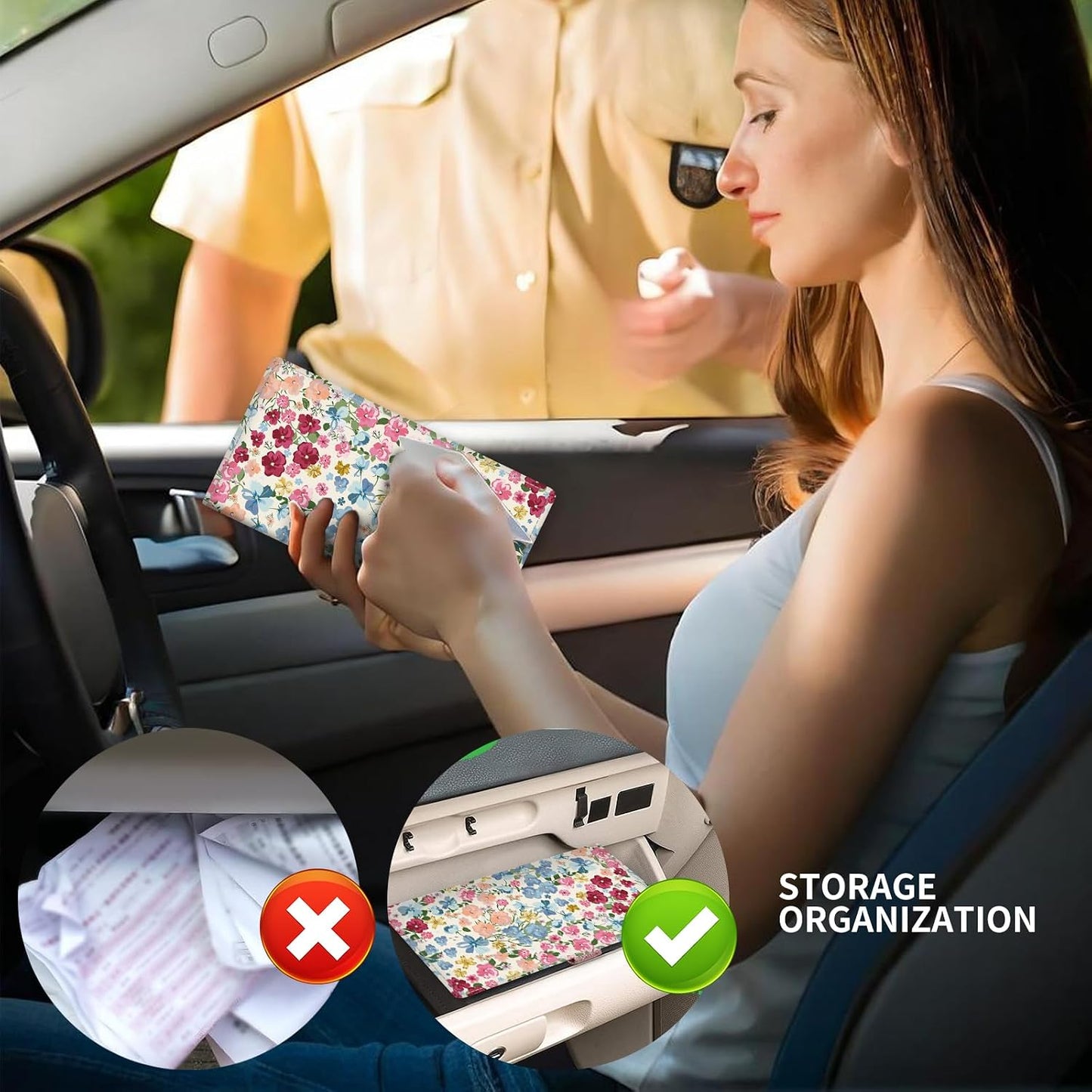 Leather Car Registration and Insurance Card Holder, Cute Car Accessories Vehicle Glove Box Car Organizer for Documents, Cards, License Colorful Cute Flowers