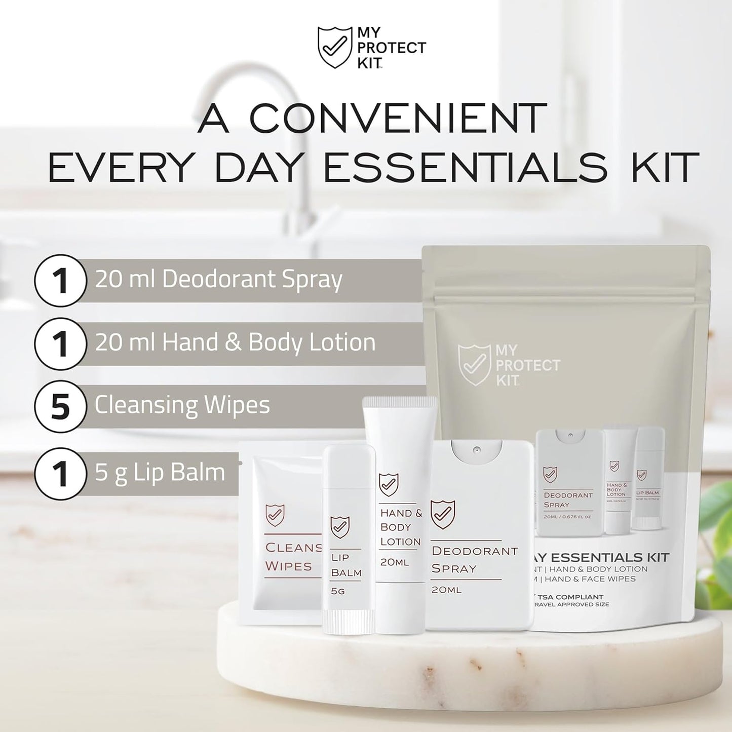 MY PROTECT KIT Everyday Essentials Travel Kit – 8 Pieces Hygiene & Toiletry Set with Deodorant Spray, Lotion, Lip Balm & Cleansing Wipes, Self Care Kit for Purse, Gym, Hotels & Airbnb, Pack of 1