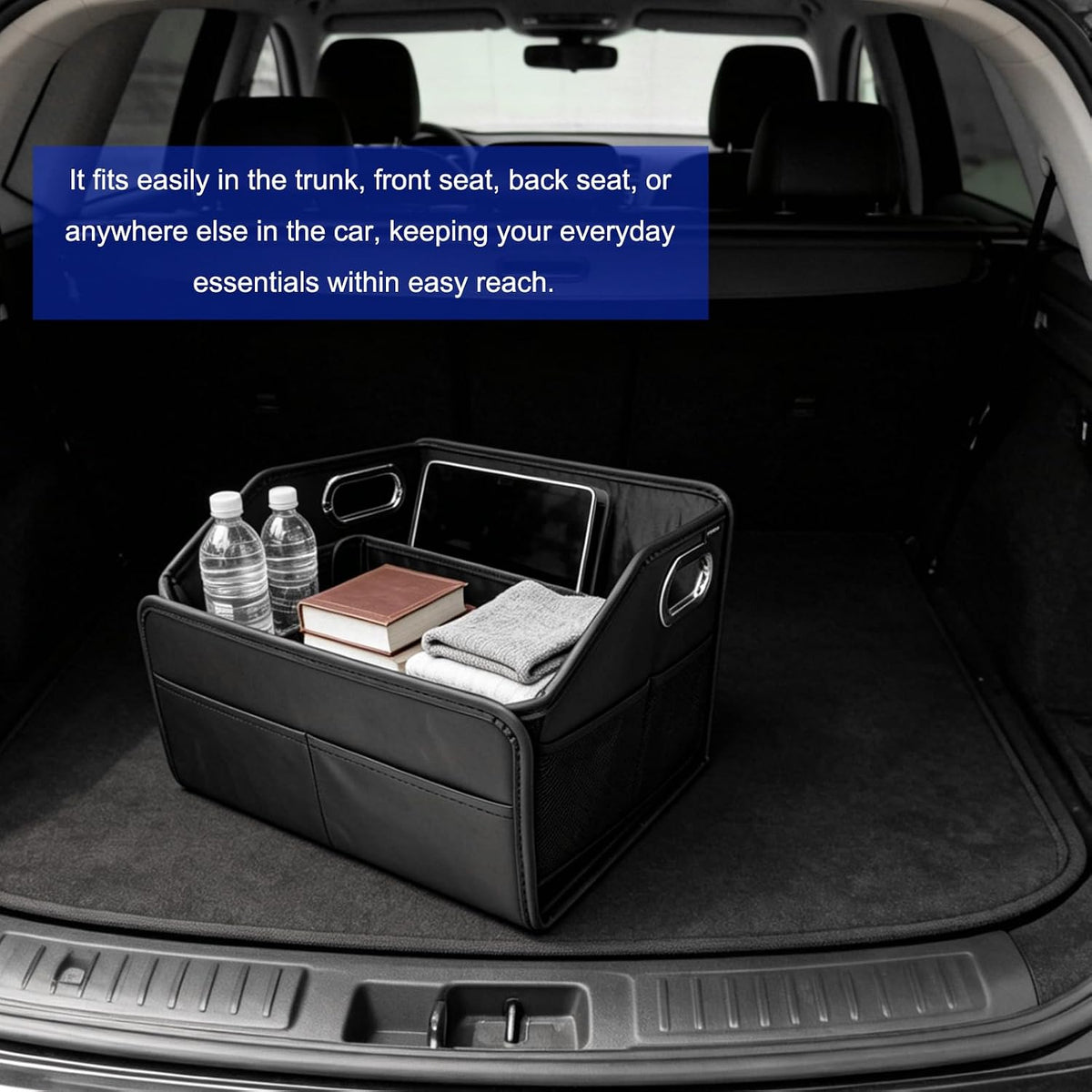 Car Storage Organizer, Large Capacity Foldable Car Caddy Basket with Metal Handle & Movable Divider, Multi-Pocket Trunk Organizer Front Back Seat Storage Box for Most Cars